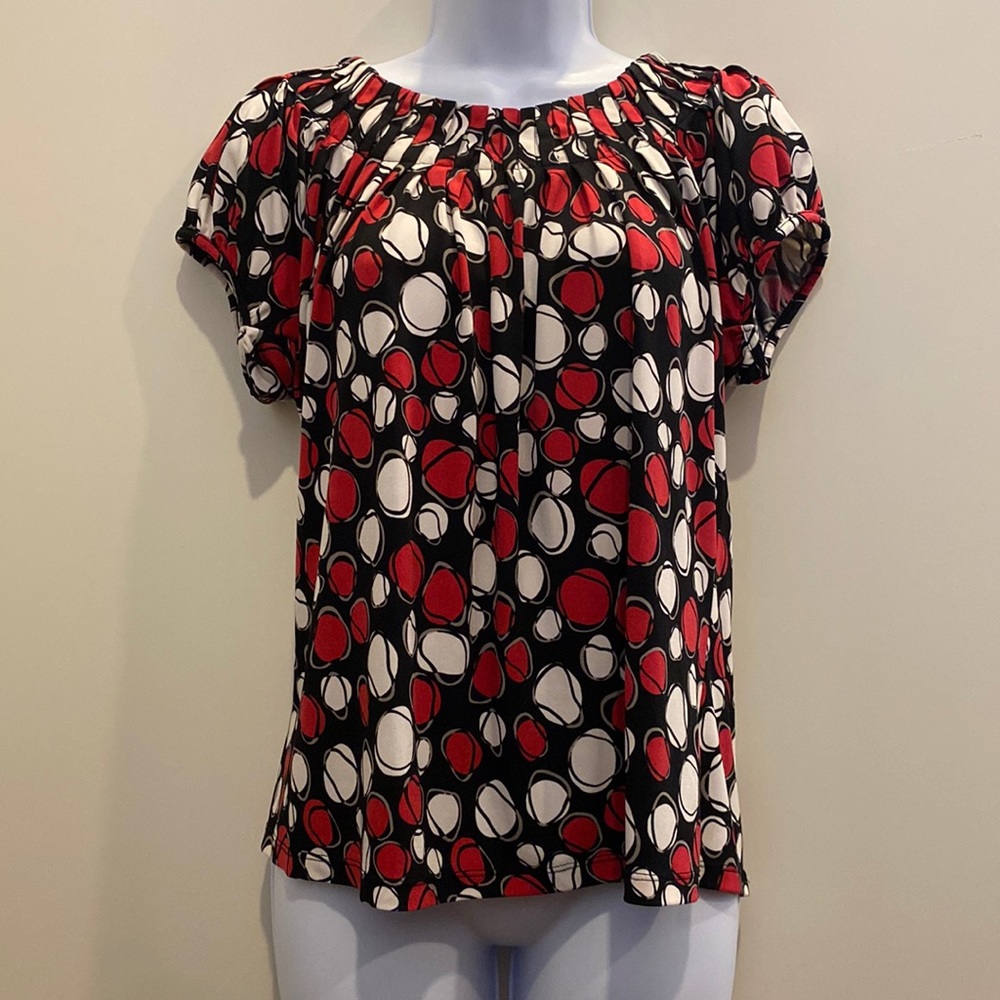 PL Style & Co Petite. Black. Red. White. Gray circles on black 1/4 sleeve blouse